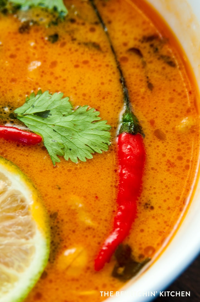 close up of Bird's Eye Chili in Thai chicken soup