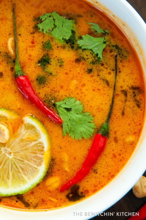 Thai chicken soup with lime, cilantro, and Bird's Eye Chilis