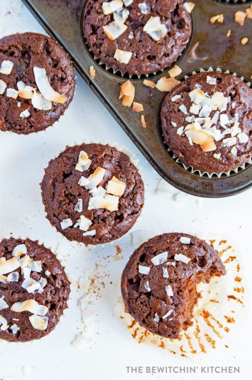 Coconut Chocolate Muffins - healthy chocolate muffins that are refined sugar free. Coconut sugar, maple syrup, with some zucchini added in. Healthy muffin recipes are not only delicious but add some hidden nutrition!