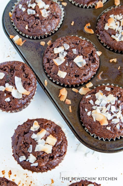 Coconut Chocolate Muffins - healthy chocolate muffins that are refined sugar free. Coconut sugar, maple syrup, with some zucchini added in. Healthy muffin recipes are not only delicious but add some hidden nutrition!