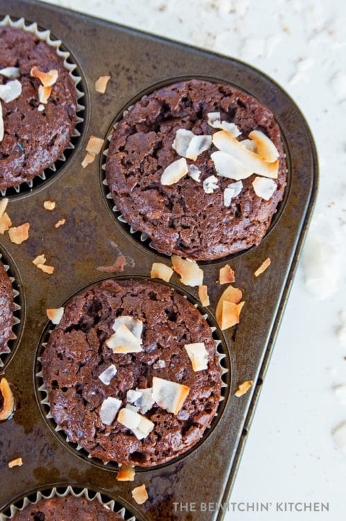 Coconut Chocolate Muffins - healthy chocolate muffins that are refined sugar free. Coconut sugar, maple syrup, with some zucchini added in. Healthy muffin recipes are not only delicious but add some hidden nutrition!