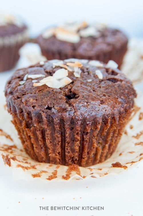 Coconut Chocolate Muffins - healthy chocolate muffins that are refined sugar free. Coconut sugar, maple syrup, with some zucchini added in. Healthy muffin recipes are not only delicious but add some hidden nutrition!