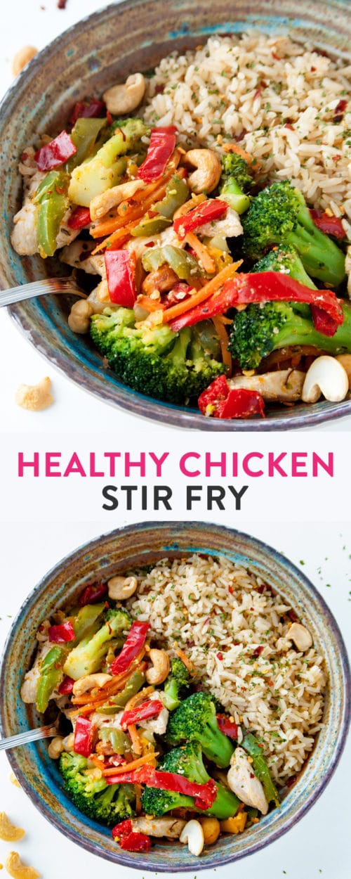 This healthy chicken stir fry takes a few minutes to make and is loaded with ingredients that are Whole30 and Keto Diet compliant (when you get rid of the rice). It's a quick and easy clean eating recipe.