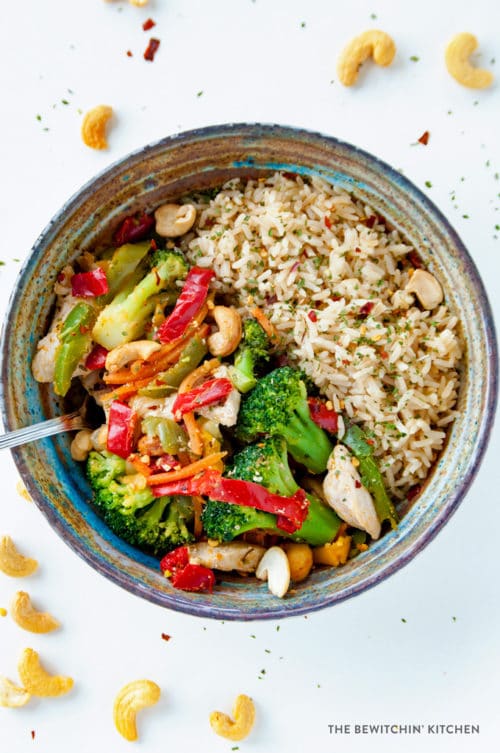 This healthy chicken stir fry takes a few minutes to make and is loaded with ingredients that are Whole30 and Keto Diet compliant (when you get rid of the rice). It's a quick and easy clean eating recipe.