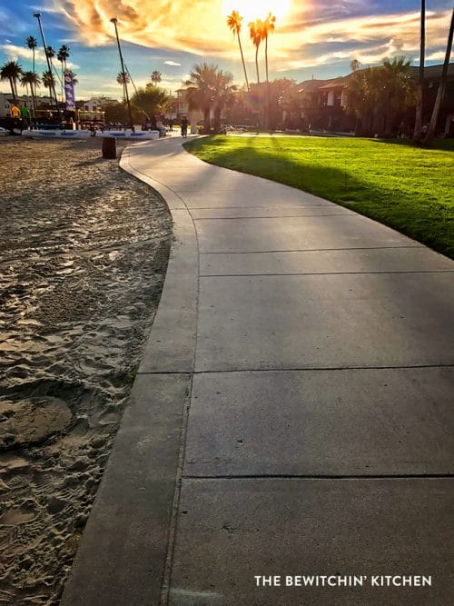 Walking Mission Bay outside the Catamaran Resort and Spa in San Diego. A great place for free fitness and family travel!