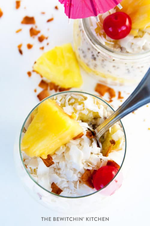 Pina Colada Overnight Oats recipe - This dairy free, gluten free and refined sugar free treat is delicious served warm or cold. This tropical dessert works great as a breakfast or a snack.