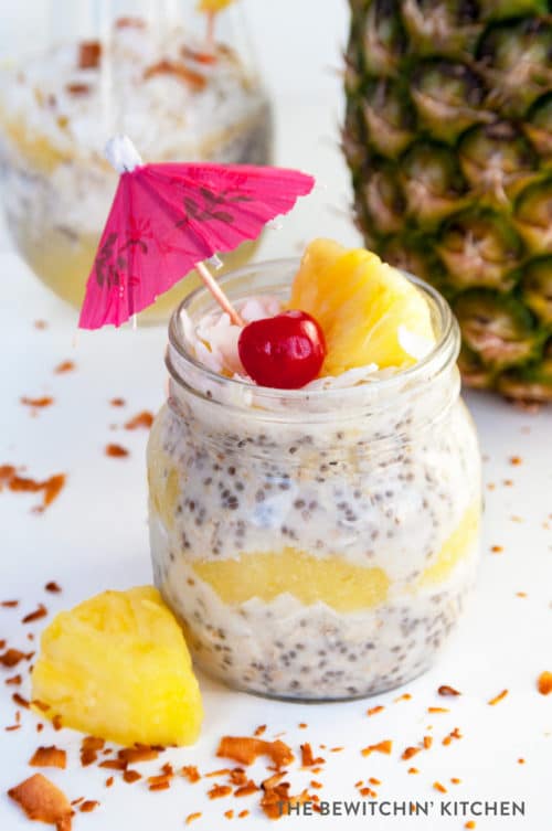 Pina Colada Overnight Oats recipe - This dairy free, gluten free and refined sugar free treat is delicious served warm or cold. This tropical dessert works great as a breakfast or a snack.