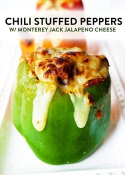 Healthy Chili Stuffed Peppers with Monterey Jack Jalapeno Cheese. Talk about comfort food! This family dinner recipe is easy to throw together, especially with leftover chili!