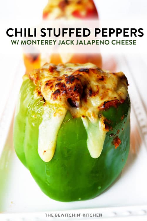 Cheesy Chili Stuffed Peppers with Monterey Jack Jalapeno Cheese. Talk about comfort food with a healthy recipe twist! This family dinner recipe is easy to throw together, especially with leftover chili!