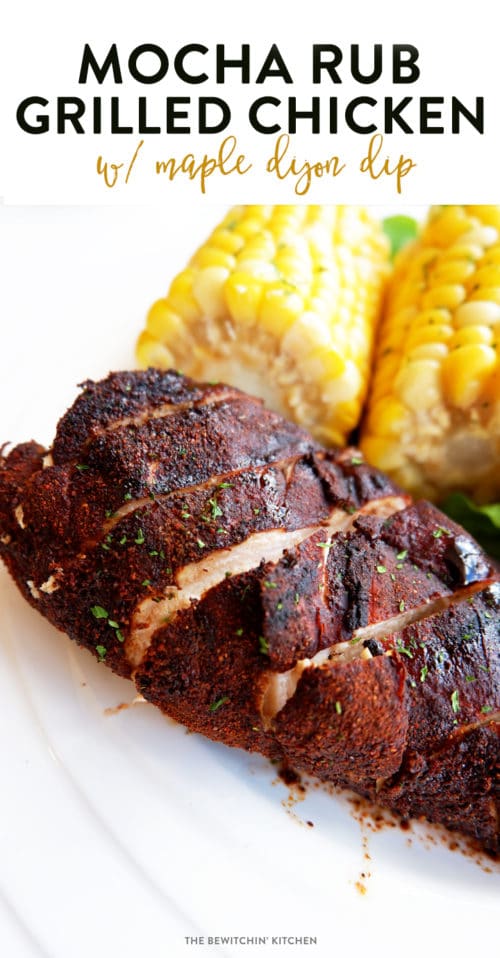 Mocha Rub Grilled Chicken with maple dijon dip. This BBQ chicken recipe uses a unique dry rub that mixes coffee grounds and cocoa powder. It makes for a smokey BBQ flavor. 