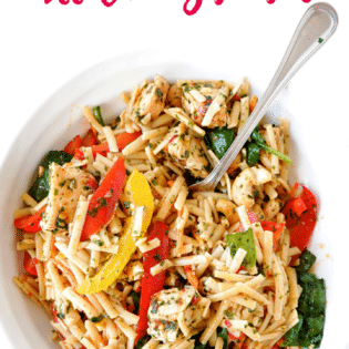 Spicy asian pasta salad recipe - a delicious cold pasta salad recipe with an asian dressing with sesame oil, chili flakes, chili paste, garlic and more.