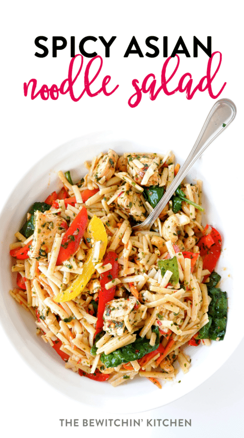 Spicy asian pasta salad recipe - a delicious cold pasta salad recipe with an asian dressing with sesame oil, chili flakes, chili paste, garlic and more.