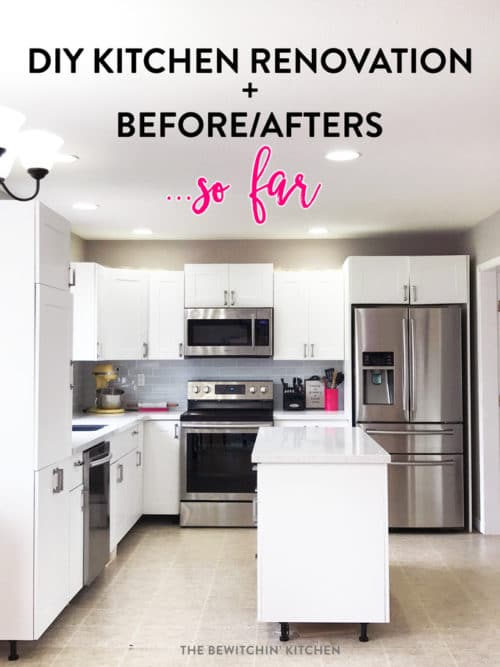 This all white kitchen was the result of a DIY kitchen renovation. Using Home Depot's Eurostyle Kitchen Cabinets in Oxford and Silestone's Stellar Snow. The back splash is Sassi's glass subway tile in nordic ice. More before and after photos in the post.