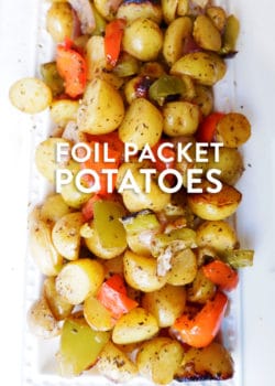 Classic and easy foil packet potatoes. This healthy grilling recipe uses potatoes, herbs, garlic, and bell peppers.