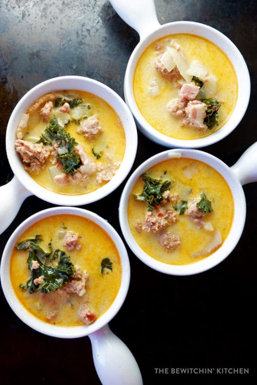 This recipe for Baked Zuppa Toscana is a cheesy twist on an Olive Garden soup favorite. Inspired by both the zuppa and french onion soup, this dinner is pure comfort food.