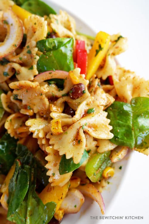 Fajita Pasta Salad. A delicious vegetable filled salad recipe that's high in protein and makes a great BBQ side dish.