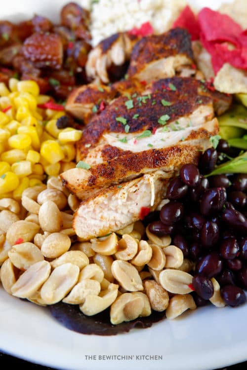 Blackened chicken salad with chicken, beans, and corn