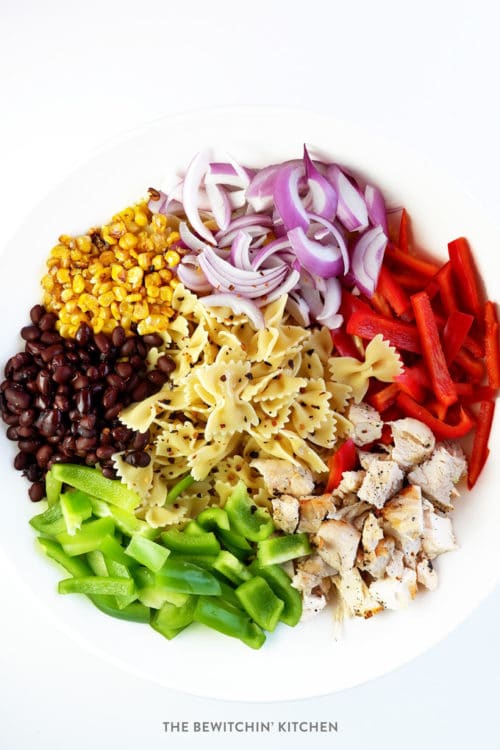 Fajita Pasta Salad. A delicious vegetable filled salad recipe that's high in protein and makes a great BBQ side dish.