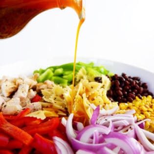 Fajita Pasta Salad. A delicious vegetable filled salad recipe that's high in protein and makes a great BBQ side dish.