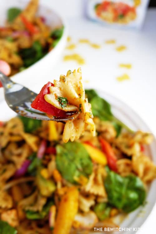 Fajita Pasta Salad. A delicious vegetable filled salad recipe that's high in protein and makes a great BBQ side dish.