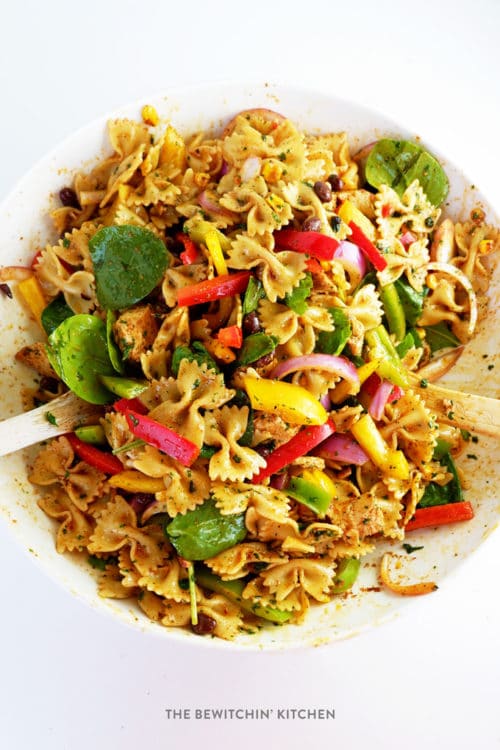 Fajita Pasta Salad. A delicious vegetable filled salad recipe that's high in protein and makes a great BBQ side dish.