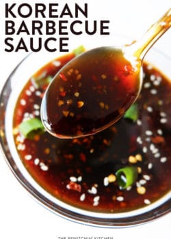 spoonful of Korean bbq sauce over a full bowl titled Korean Barbecue Sauce