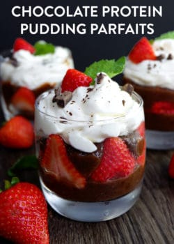 Two ingredients make up this chocolate protein pudding, make it a parfait and a healthy dessert by adding strawberries and homemade whipped cream.