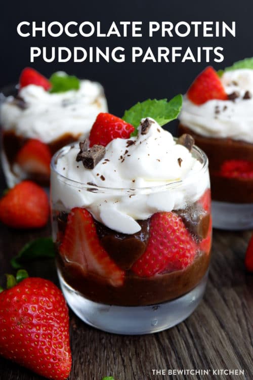 Two ingredients make up this chocolate protein pudding, make it a parfait and a healthy dessert by adding strawberries and homemade whipped cream.