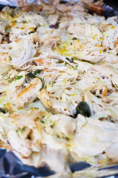 Cooking tip: Add your pulled chicken to the oven to crisp it up a bit