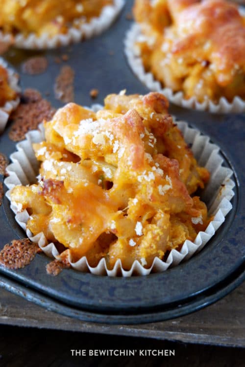 Healthy mac and cheese recipe made in a muffin tin for portion control!