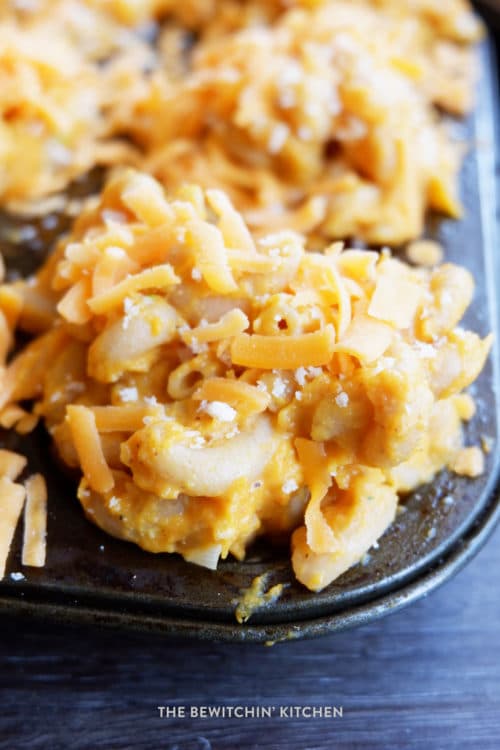 Cheesy mac and cheese baked in a muffin tin with a roasted vegetable puree!