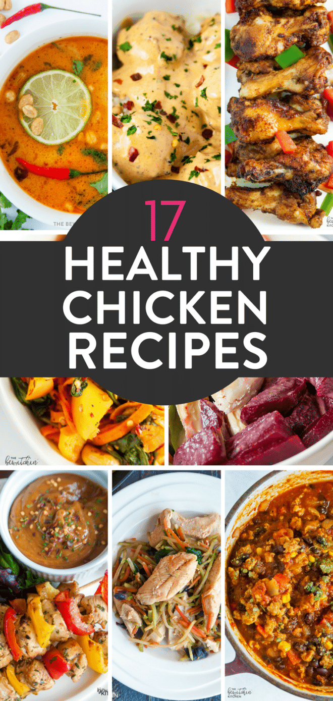 Healthy chicken recipes to add a variety to dinner. Don't get stuck in the chicken breast rut, try these healthy recipes. Includes: Whole30 recipes, keto recipes, paleo recipes, clean eating recipes, 21 day fix recipes.