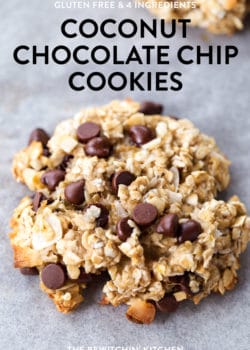 These gluten free coconut chocolate chip cookies only have four ingredients! They're healthy, have no sugar, and make a delicious breakfast cookie recipe.