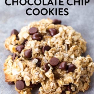 These gluten free coconut chocolate chip cookies only have four ingredients! They're healthy, have no sugar, and make a delicious breakfast cookie recipe.