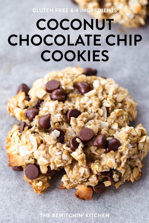 These gluten free coconut chocolate chip cookies only have four ingredients! They're healthy, have no sugar, and make a delicious breakfast cookie recipe.