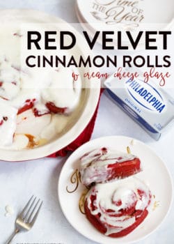 Add these red velvet cinnamon rolls with creamy cheese frosting to your holiday baking board. They're perfect for Christmas and holiday party food! AD