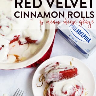 Add these red velvet cinnamon rolls with creamy cheese frosting to your holiday baking board. They're perfect for Christmas and holiday party food! AD