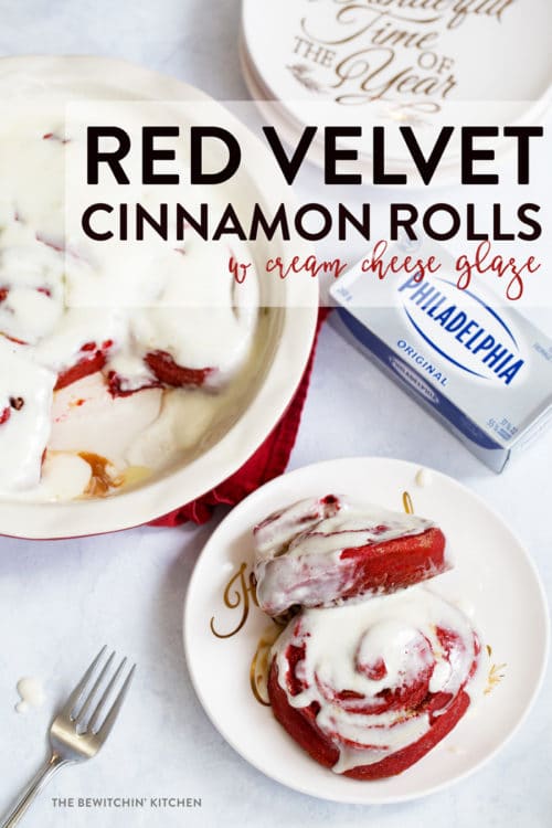 Add these red velvet cinnamon rolls with creamy cheese frosting to your holiday baking board. They're perfect for Christmas and holiday party food! AD 