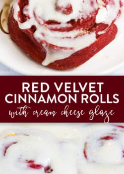 Creamy and yummy red velvet cinnamon rolls with cream cheese glaze recipe. A holiday dessert that puts a pin on Christmas red velvet and cinnamon buns. The filling is full of brown sugar, cinnamon, and cream cheese. A special treat for Christmas morning or a holiday bake sale. #ad #thebewitchinkitchen #redvelvet #redvelvetcinnamonrolls #christmasrecipes