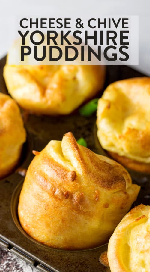 A yummy yorkshire pudding is a must with any roast beef dinner. These cheese and chive yorkshire puddings are the PERFECT side dish to Sunday night dinners. Top with beef gravy and it's heaven on earth.