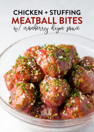 Chicken Stuffing Meatball Bites recipe - these meatballs make a delicious dinner or Christmas party appetizer. Serve them during the holidays with the cranberry dijon sauce. Three ingredient meatballs for the win!