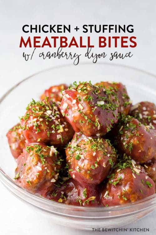 Chicken Stuffing Meatball Bites recipe - these meatballs make a delicious dinner or Christmas party appetizer. Serve them during the holidays with the cranberry dijon sauce. Three ingredient meatballs for the win!