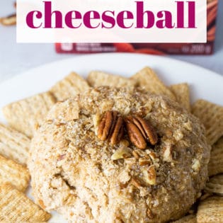 This maple praline cheeseball is a must have Christmas party appetizer. Sweet maple syrup, cinnamon, and crunchy pecans make this holiday cheeseball a favorite. Serve this delicious dessert dip with cinnamon crackers and fruit.