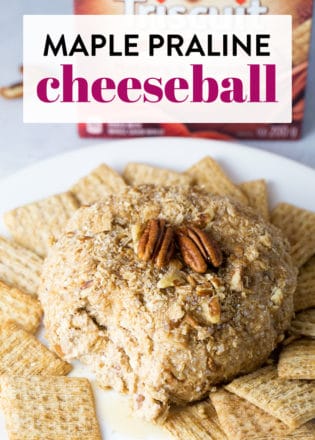 This maple praline cheeseball is a must have Christmas party appetizer. Sweet maple syrup, cinnamon, and crunchy pecans make this holiday cheeseball a favorite. Serve this delicious dessert dip with cinnamon crackers and fruit.