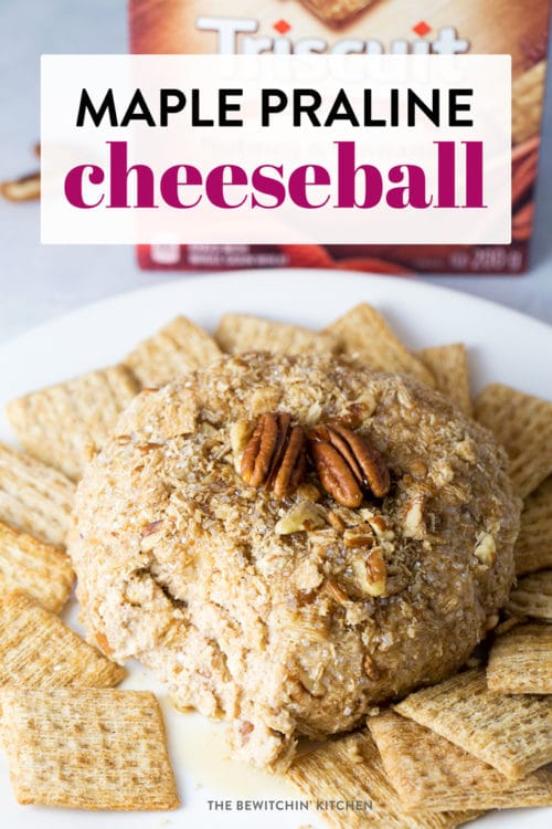 This maple praline cheeseball is a must have holiday party appetizer. Cream cheese, pecans, maple syrup - YUM! A twist on a brown sugar cheesecake in a dessert dip form delicious with sweet crackers and fruit.