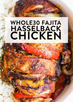 Sheet pan Fajita chicken, hasselback style! A healthy dinner recipe that's Whole30, Keto, Paleo, and fits all healthy diets and dinner/lunch ideas.