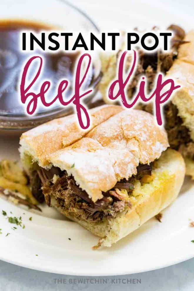 My new favorite Instant Pot recipe? French Dip! I love restaurant style beef dip, and this one that's made in the pressure cooker makes it so easy to whip up for dinner. Beef roast, au jus, and a french roll - delicious and high in protein! #instantpotrecipes #pressurecookerrecipes #frenchdip #beefdip #baronaubeef #roastbeef