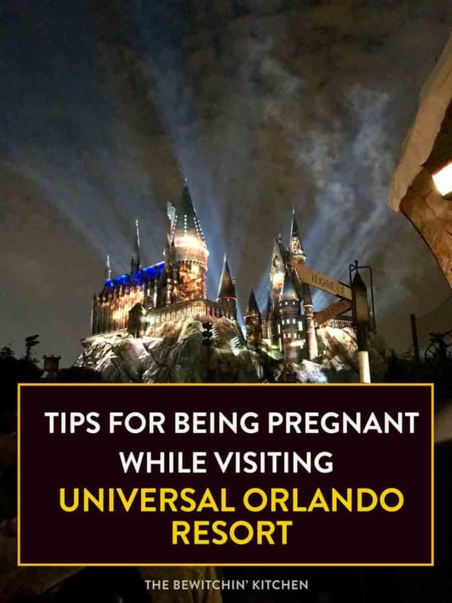 Hogwarts Castle in Orlando with tips for visiting the theme park while pregnant.