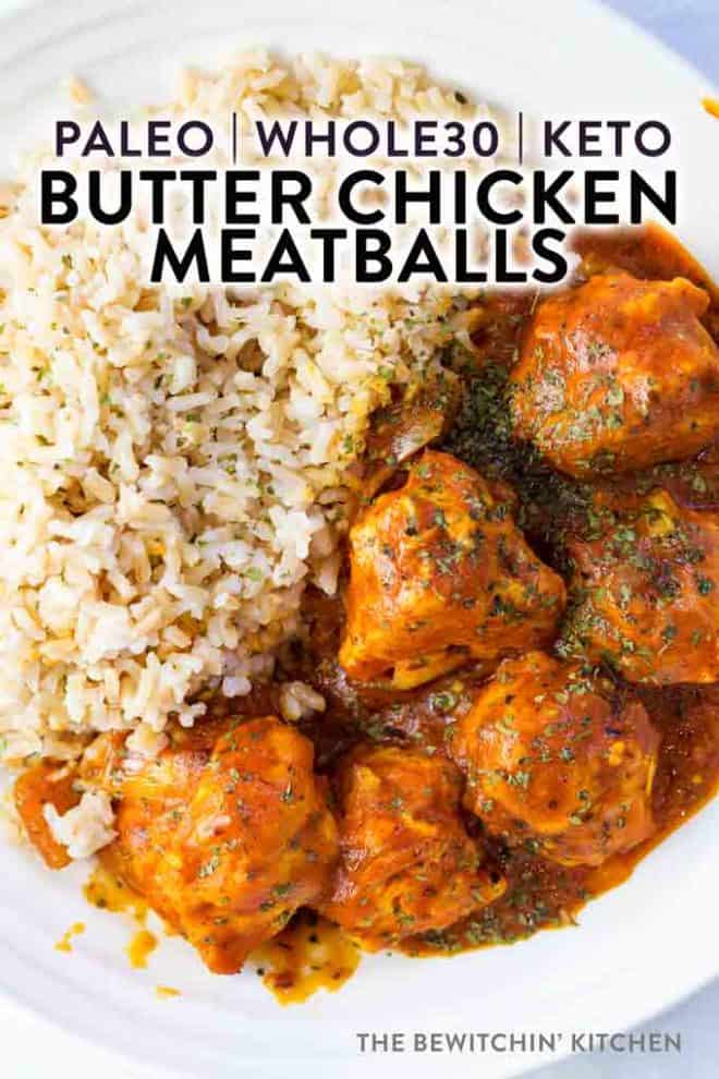 A bowl of rice and meatballs covered in butter chicken sauce.