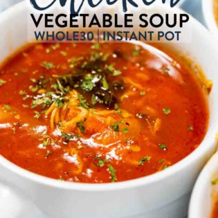 This whole30 soup recipe for chicken vegetable soup is made in the Instant Pot Pressure Cooker. However, this clean eating recipe can be easily made in the Crockpot or over the stove top. Bonus: it's paleo approved too! #chickenvegetablesoup #paleorecipes #ketorecipes #whole30recipes #cleaneatingrecipes